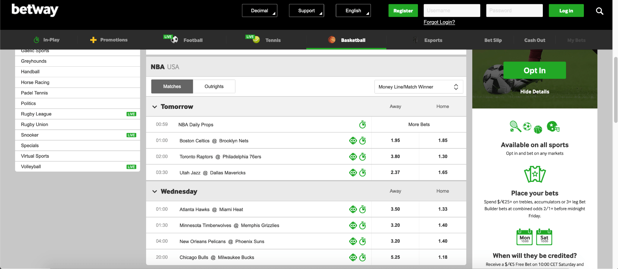 Betway Sportsbook Moneyline bets