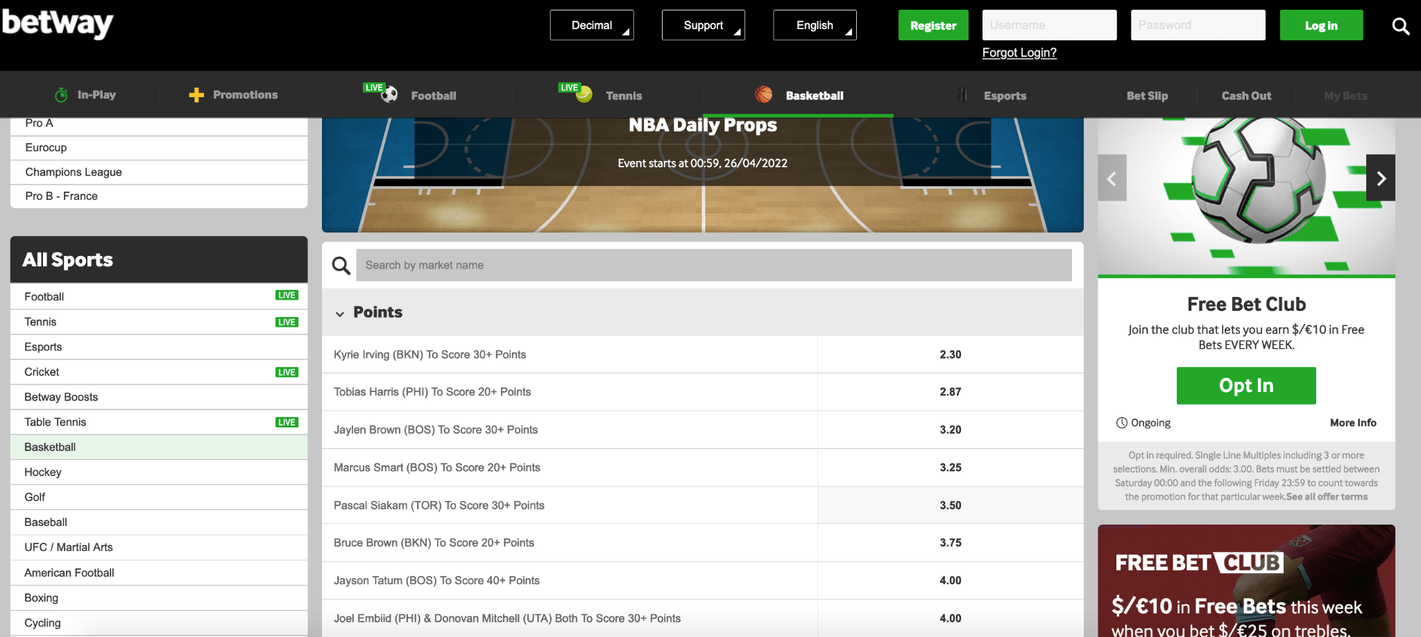 Betway Sportsbook Prop bets