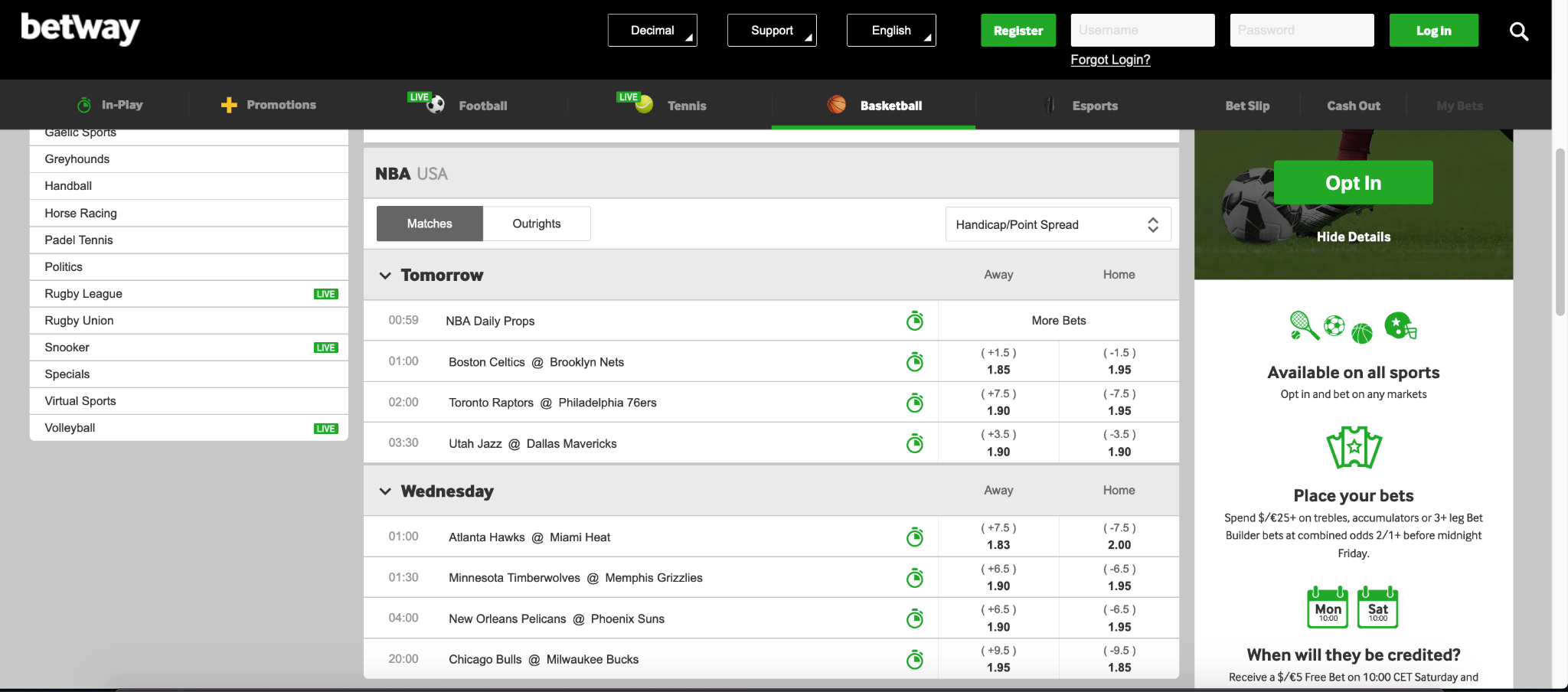 Betway Sportsbook point spreads